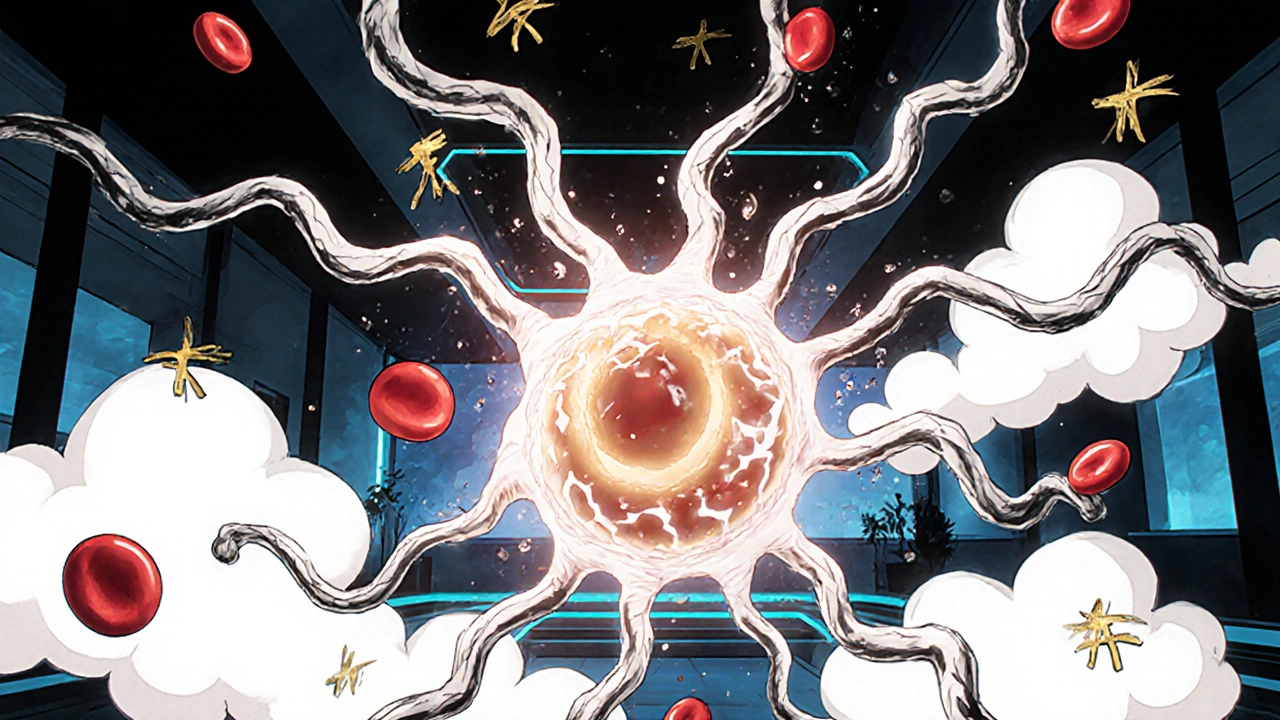 A molecular illustration of avanafil binding to PDE5, with side effects fading away in ink and wind.