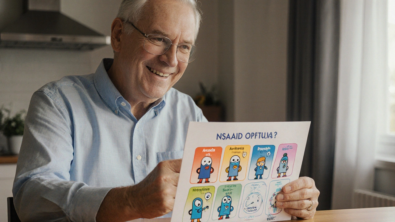 Adult reviewing cartoon pill icons at a table, with Arcoxia highlighted.