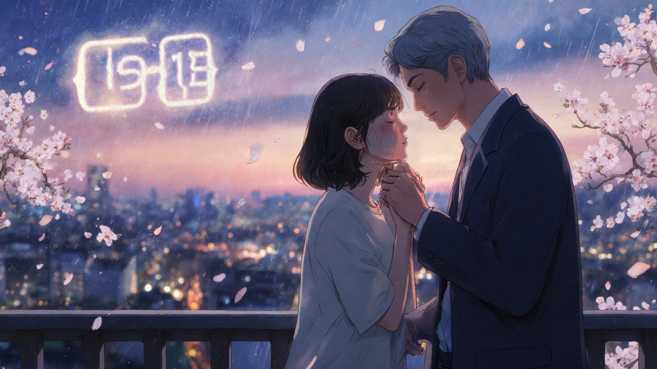 An elderly couple shares a tender moment on a balcony, cherry blossoms falling as they hold hands.