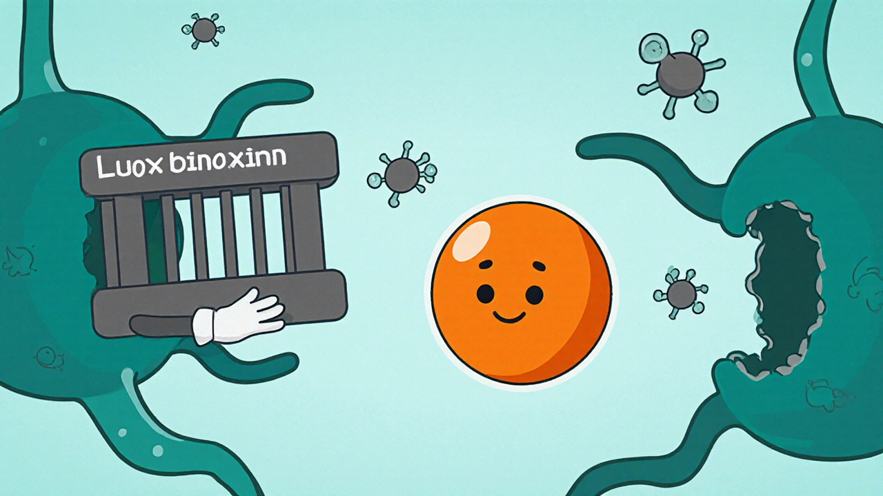 Cheerful serotonin molecule blocked by a transporter in a brain synapse.