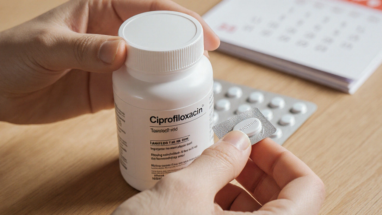 Close‑up of a medication bottle and a ciprofloxacin tablet being examined for authenticity.