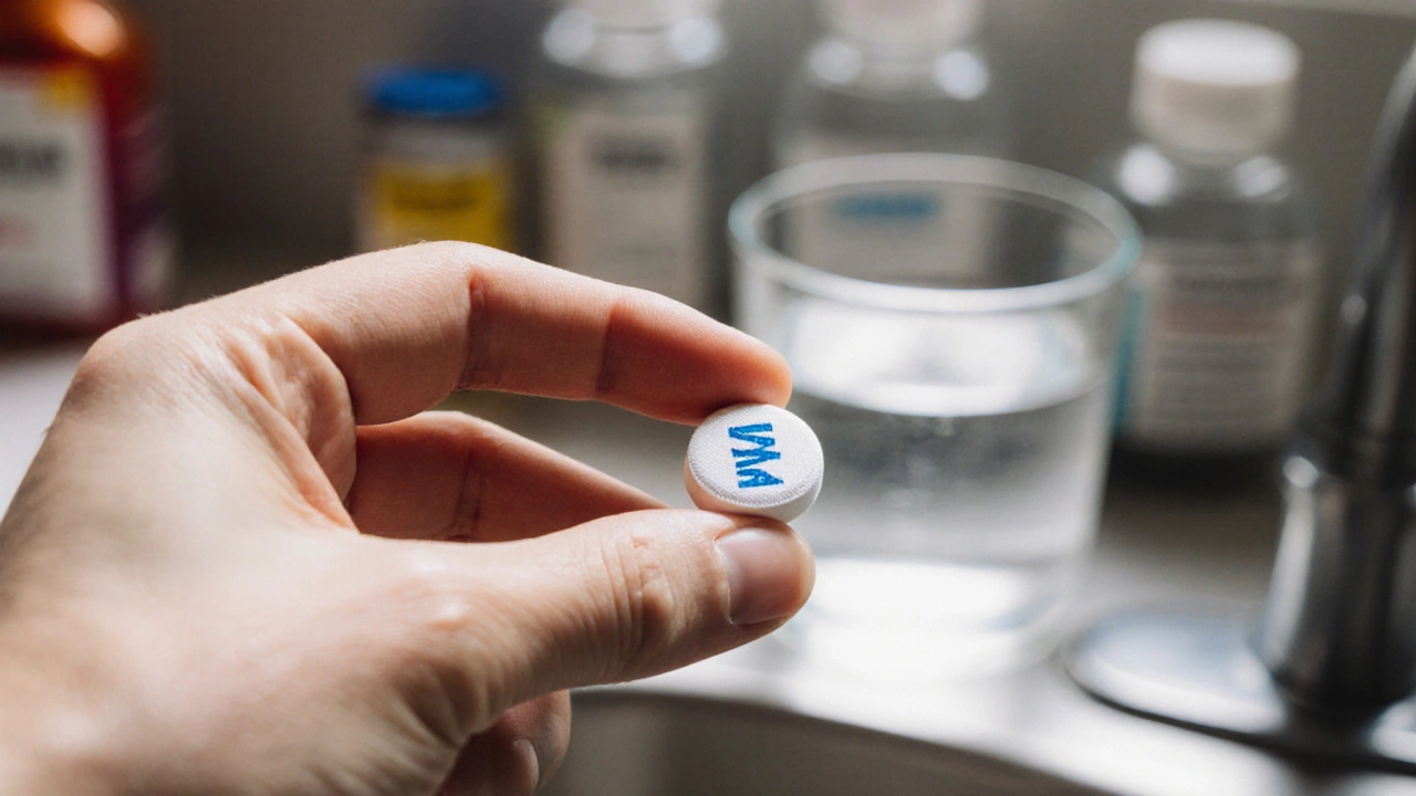 Close‑up of a Motrin tablet held in a hand beside a glass of water, other meds blurred.