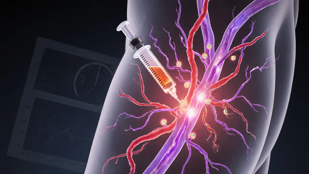 Close‑up of subcutaneous sumatriptan injection causing blood vessels to constrict.