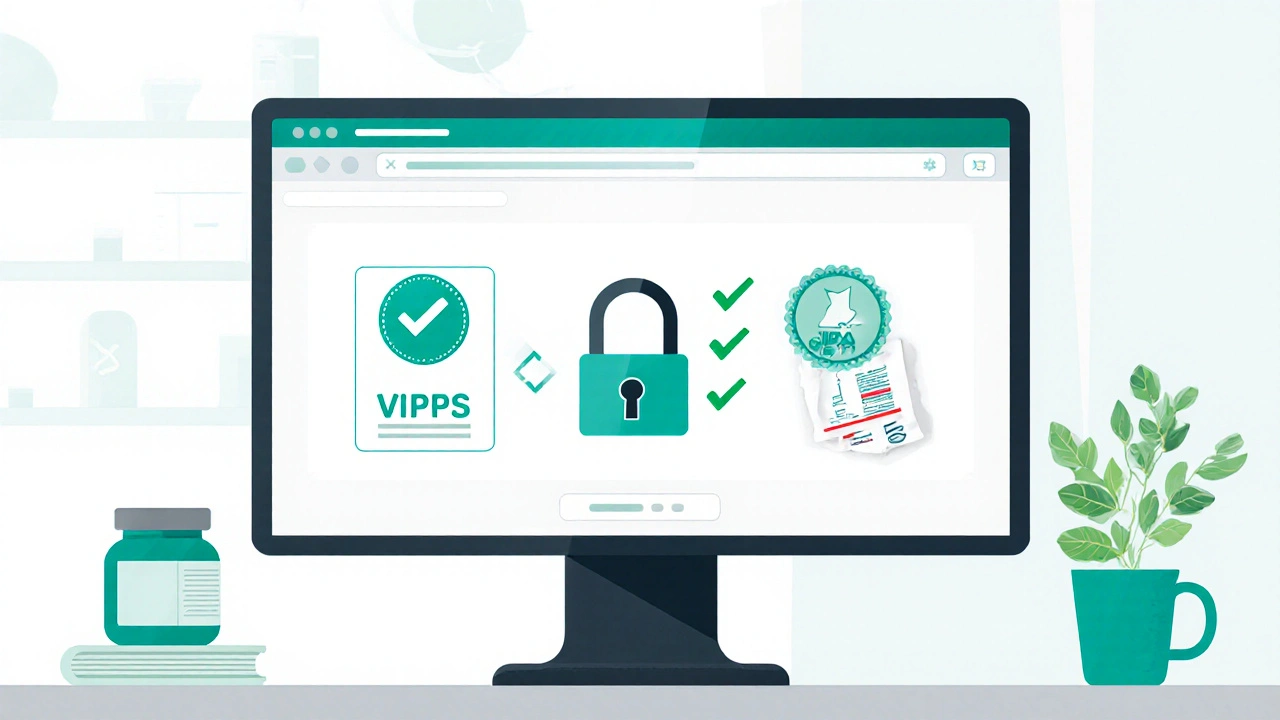 Computer screen showing secure pharmacy icons and prescription upload symbol.