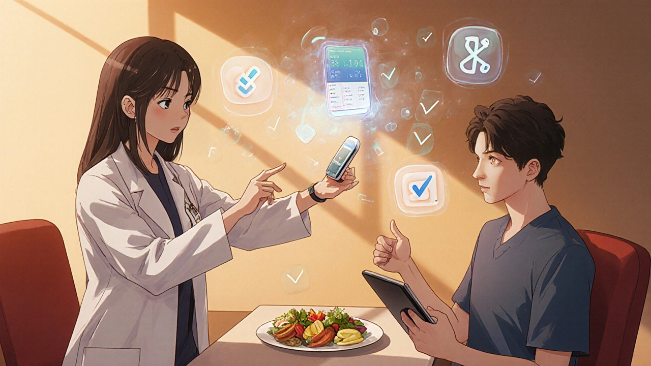 Doctor and patient reviewing CGM data, medication, and genetic information for hypoglycemia prevention.