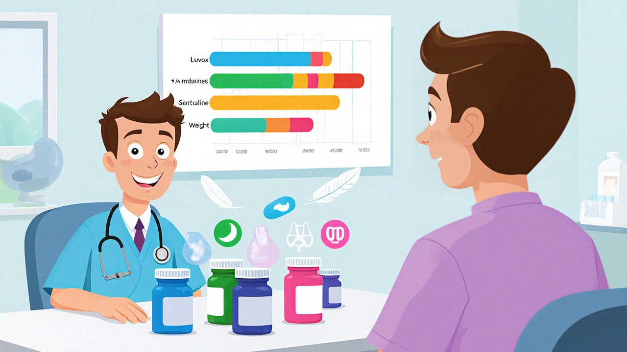Doctor and patient reviewing colorful pill bottles with floating side‑effect icons.