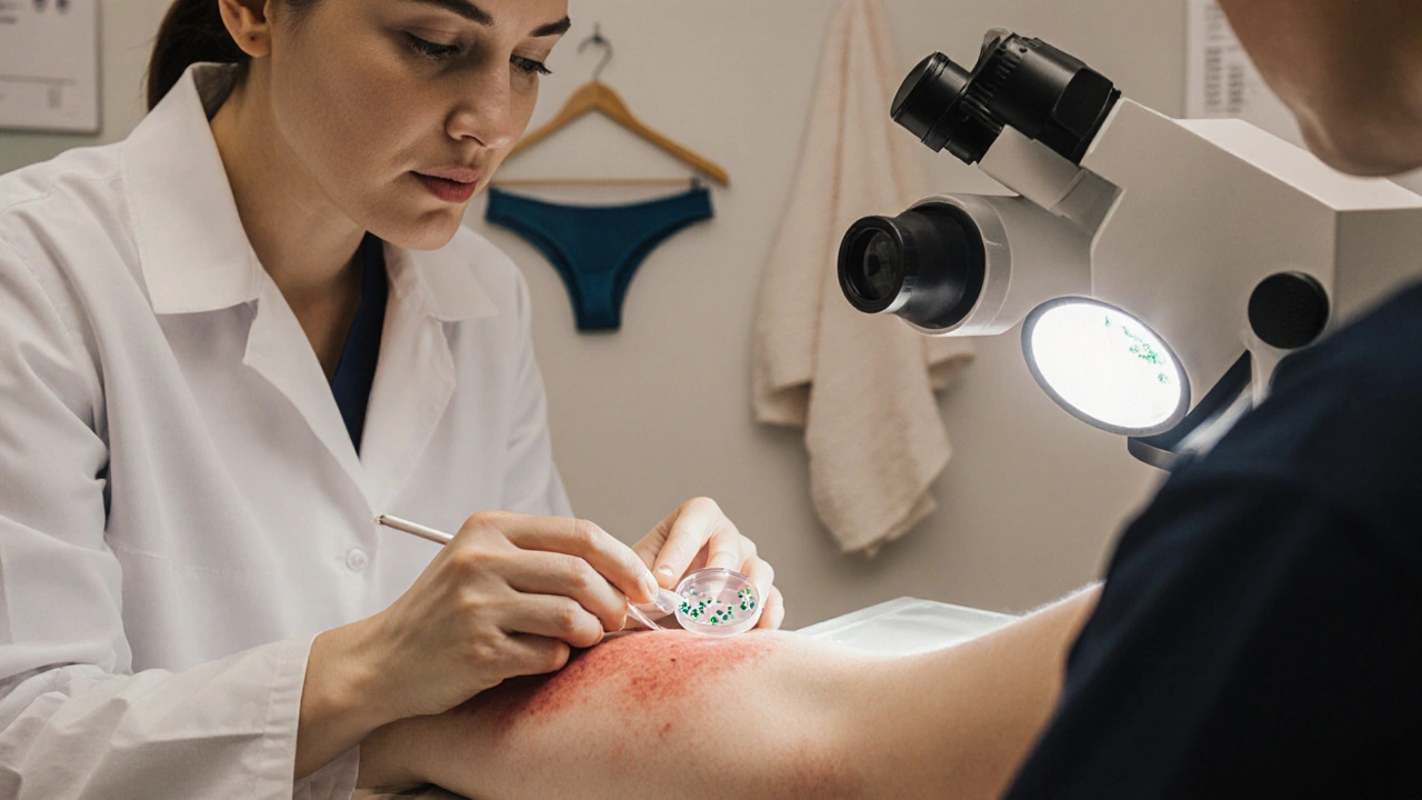 Doctor scraping a rash, lab technician preparing a slide, microscope view of budding yeast.