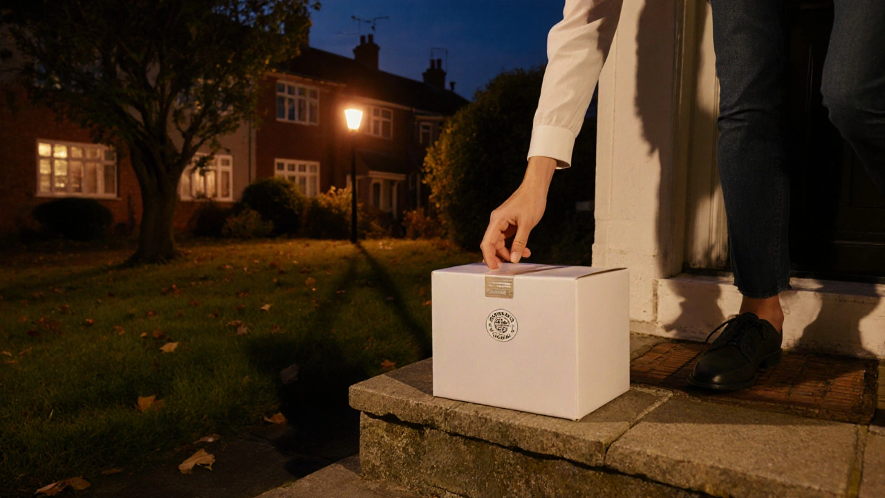 Doorstep delivery box being collected on a UK suburban porch at dusk.