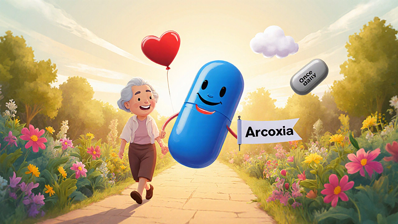 Elderly couple strolling with a friendly Arcoxia pill beside them in a garden.