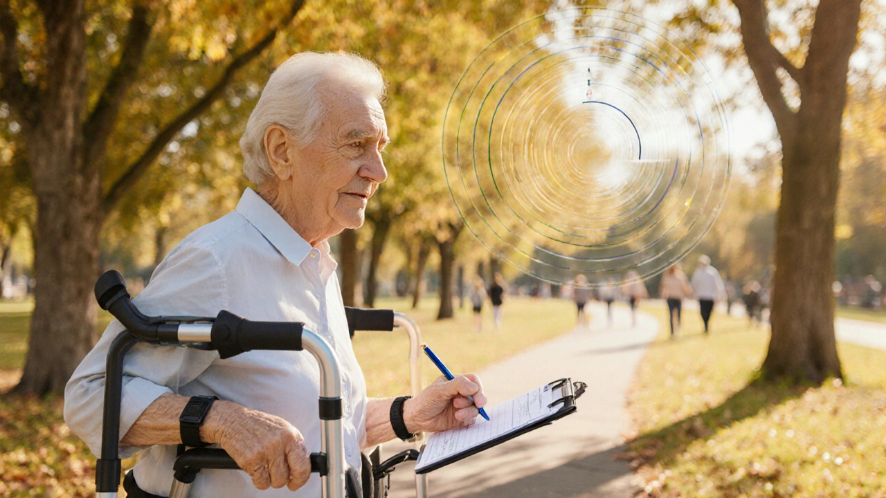 Elderly individual walking with a gait trainer, signing a check with a weighted pen in a sunny park.