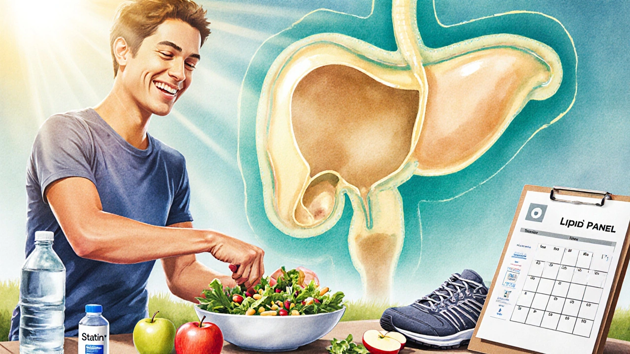 Fit individual making a healthy salad, with a glowing stone‑free gallbladder in the background.