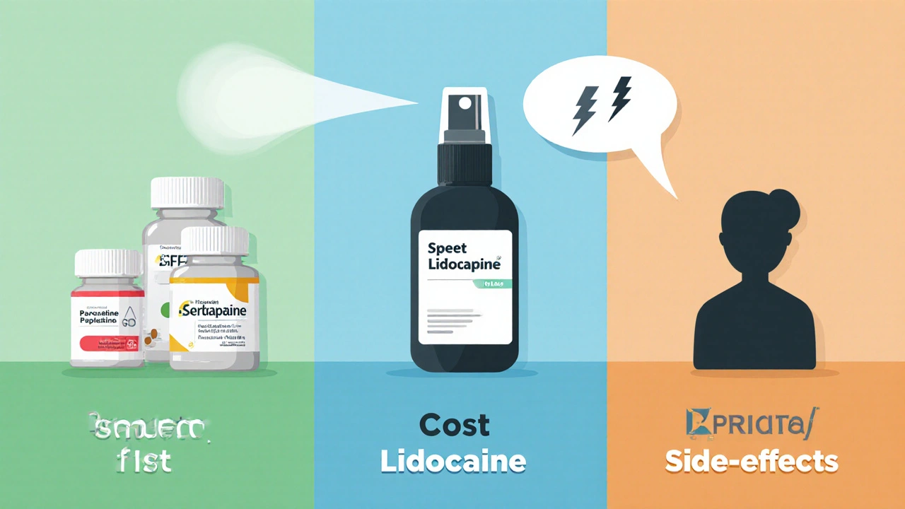 Flat illustration showing pills, a spray bottle, a therapist silhouette, and a Duratia capsule.