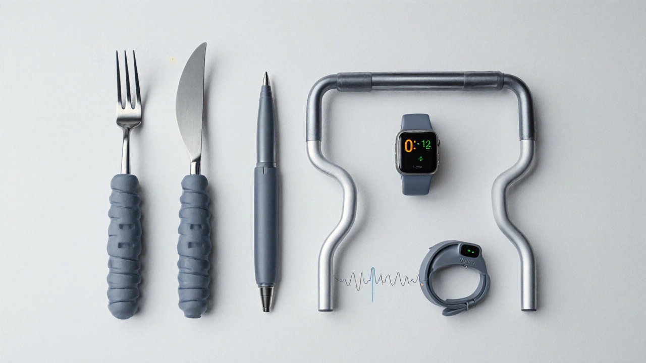 Flat‑lay of weighted utensils, adaptive pen, cueing wristband, gait trainer, and sensor on a white surface.