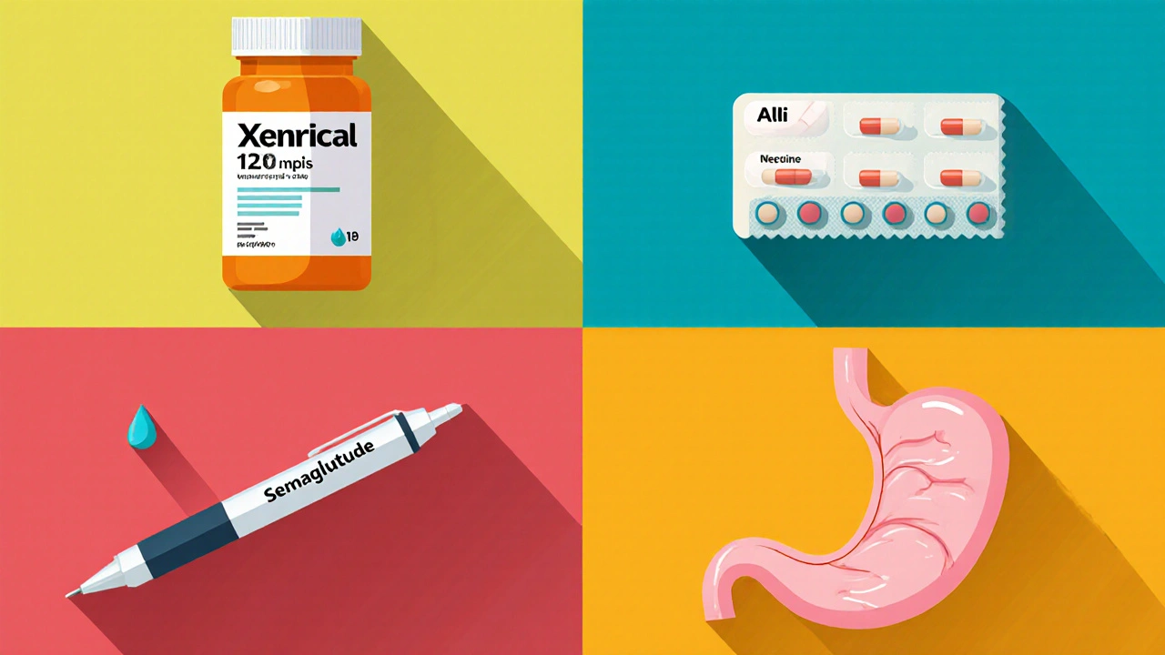 Four panels showing Xenical bottle, Alli strip, Semaglutide injection pen, and bariatric surgery stomach diagram.