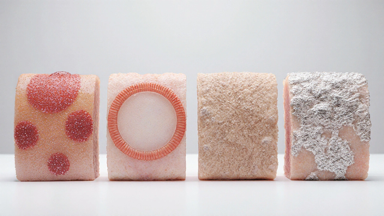 Four skin close‑ups showing yeast infection, ringworm, eczema and psoriasis side by side.