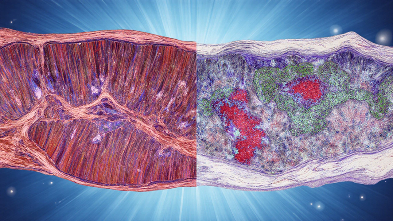 Illustration comparing young and old muscle fibers with cellular details.