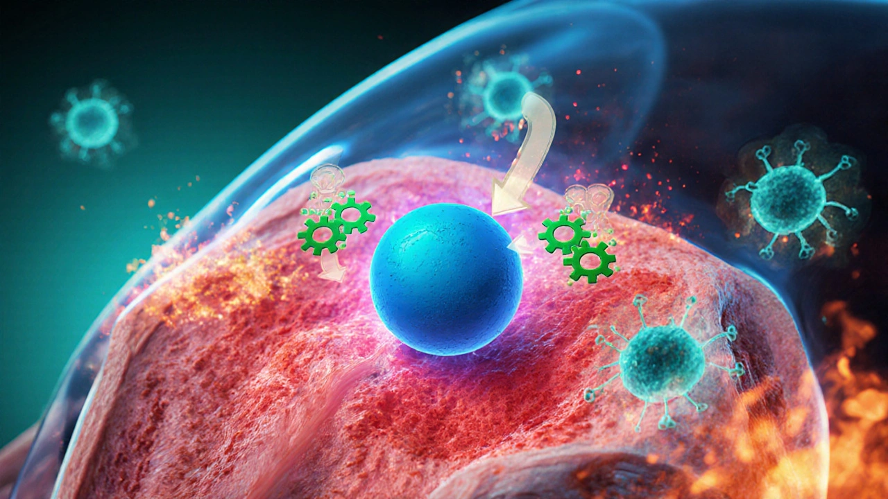 Illustration of ibuprofen molecules blocking COX enzymes, reducing inflammation in tissue.