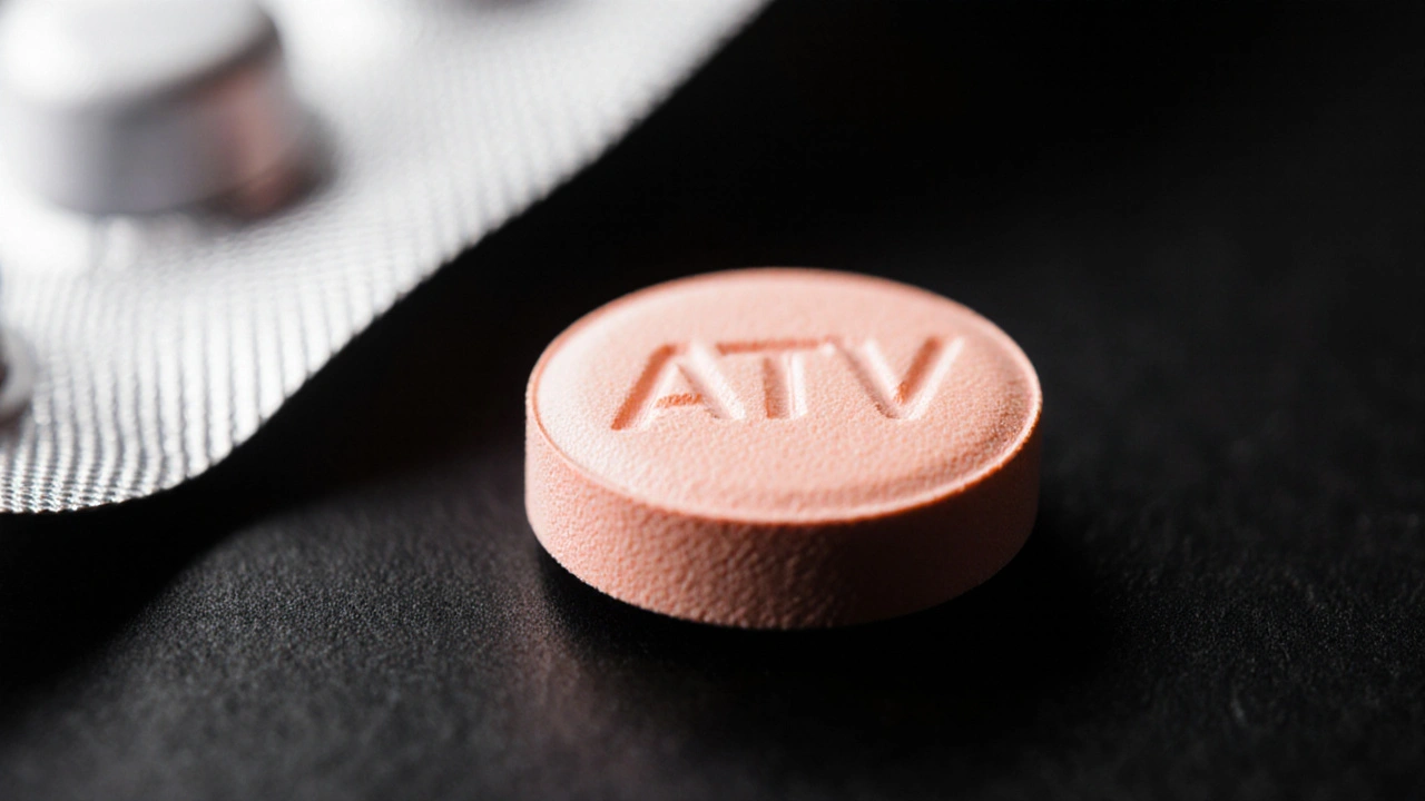 Macro view of pink‑orange atorvastatin tablet with &quot;ATV&quot; imprint on black surface.