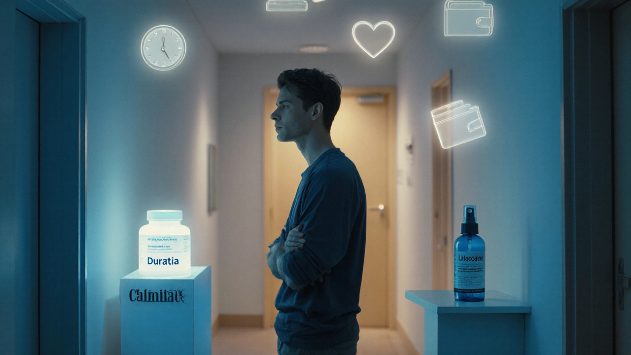Man at a hallway crossroads choosing between a pill bottle, a spray canister, and a therapist.