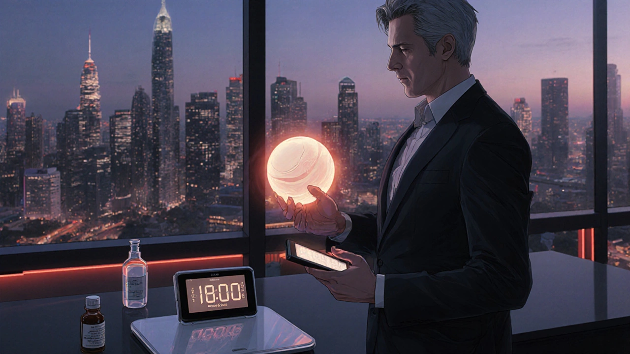 Middle‑aged accountant smiles, holding a tablet, with a scale indicating low weight gain.