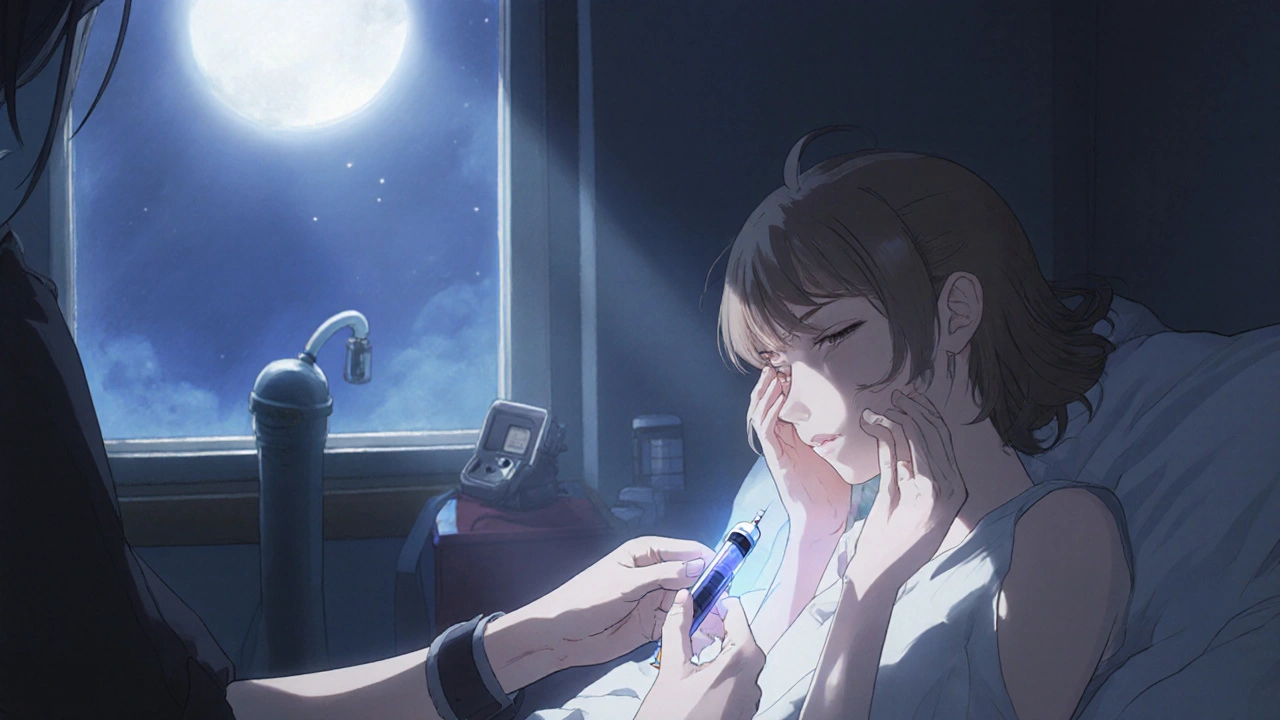 Night bedroom scene: partner gives sumatriptan injector to sleeping patient, showing relief.