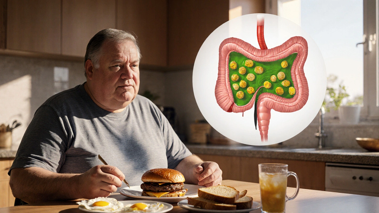 Obese person at a greasy meal with overlay of gallbladder filled with stones.
