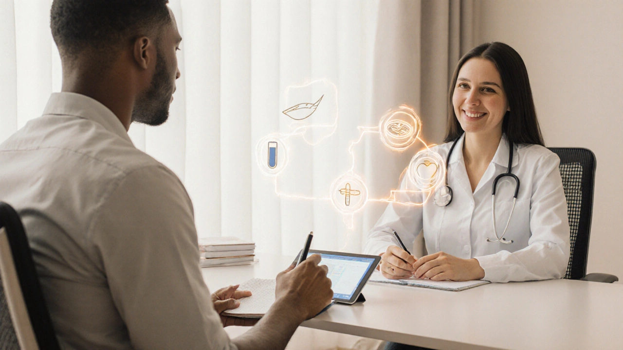 Patient discussing weight‑loss options with a doctor, icons of pill, injection, and surgery hovering nearby.