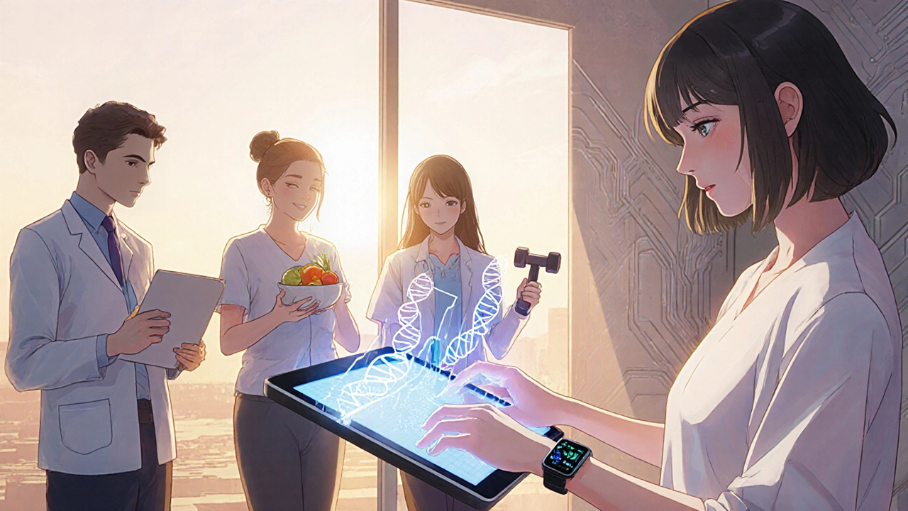 Patient with team members reviewing holographic genetic and weight‑loss data on a tablet.