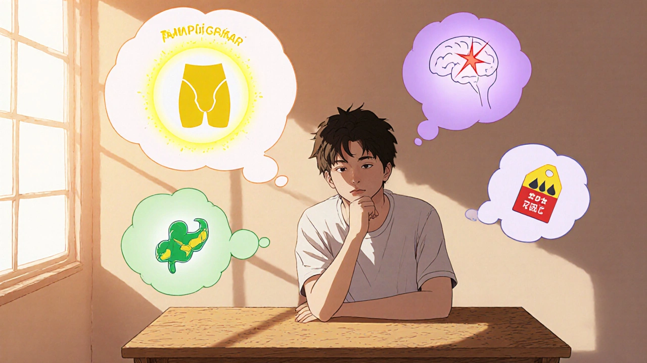 Person at a desk with thought bubbles illustrating supplement benefits, safety, and cost in a checklist format.
