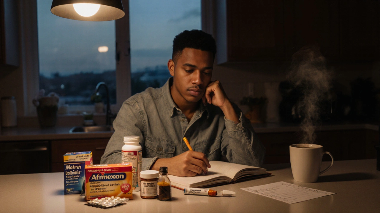 Person at kitchen table comparing various pain‑relief products with a notebook and checklist.