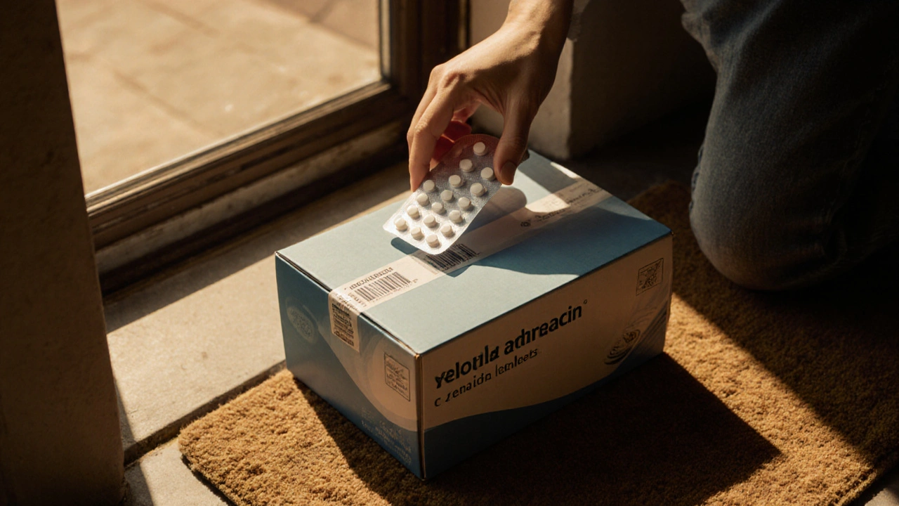 Person opening a delivery box with sealed medication blister pack.