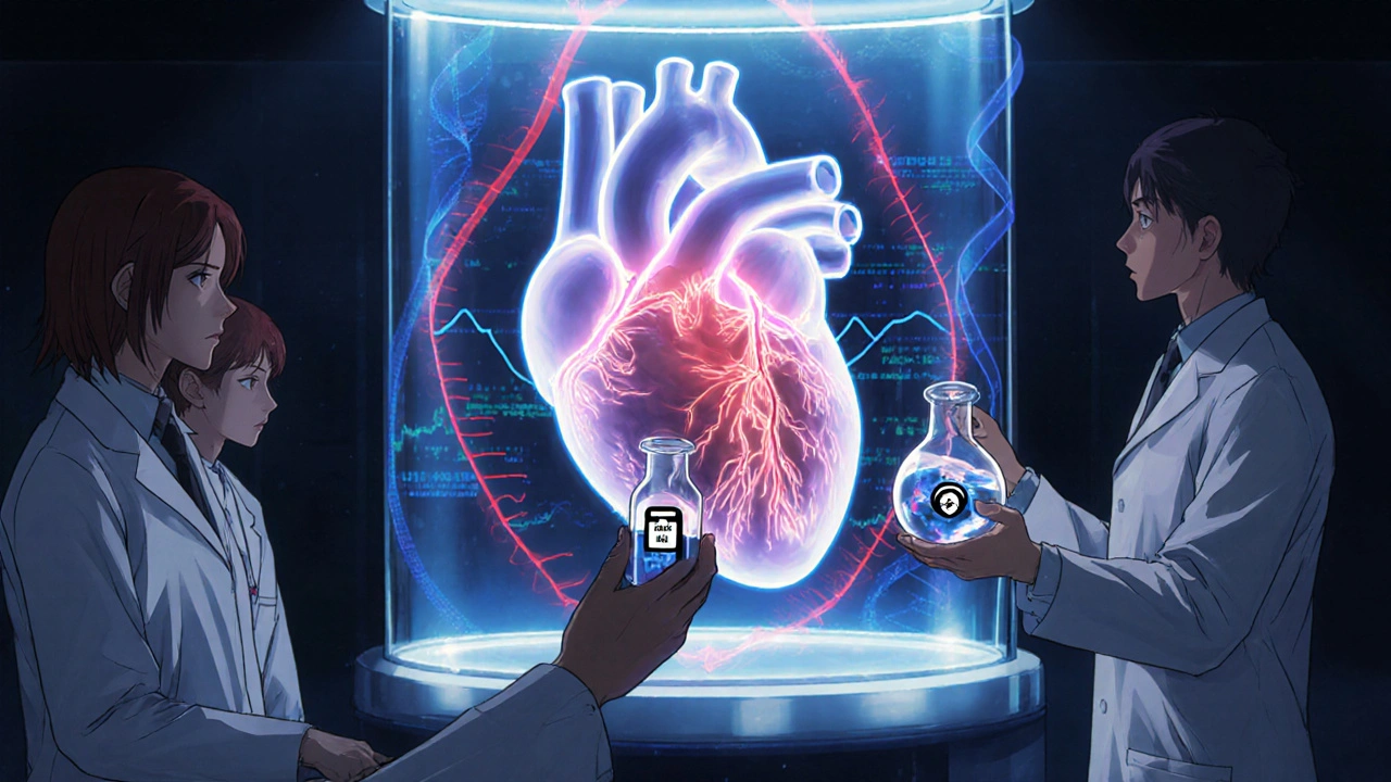 Researchers examine a glowing heart model with abstract data ribbons and drug vials.