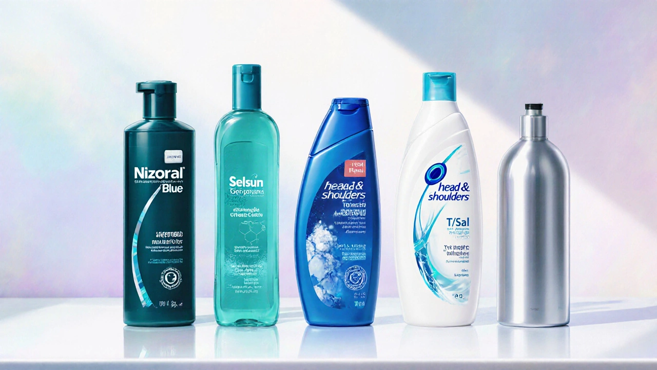 Row of five antifungal shampoo bottles on a bathroom counter, each in a different color, anime style.
