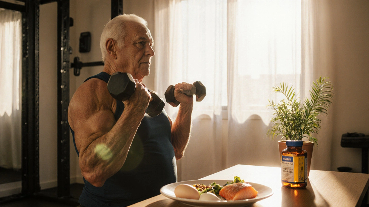Senior man doing dumbbell exercises beside protein foods in a bright gym.
