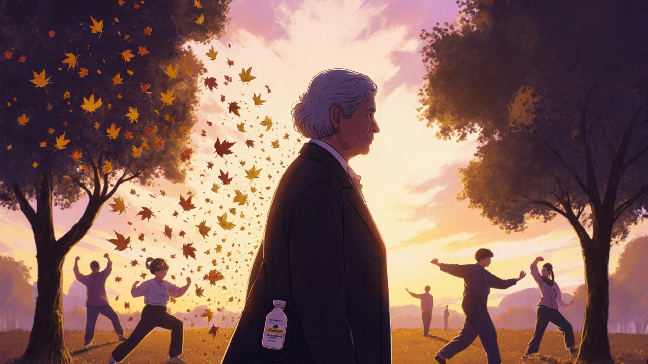 Senior walking at sunset, weight loss as falling leaves, acetaminophen bottle in pocket.