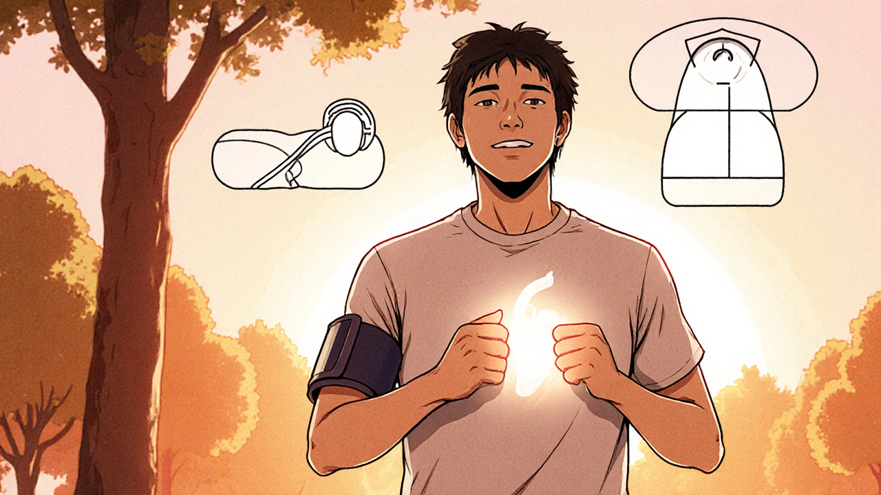 Smiling adult walking in a park, showing health aura and icons for blood pressure and weight loss.