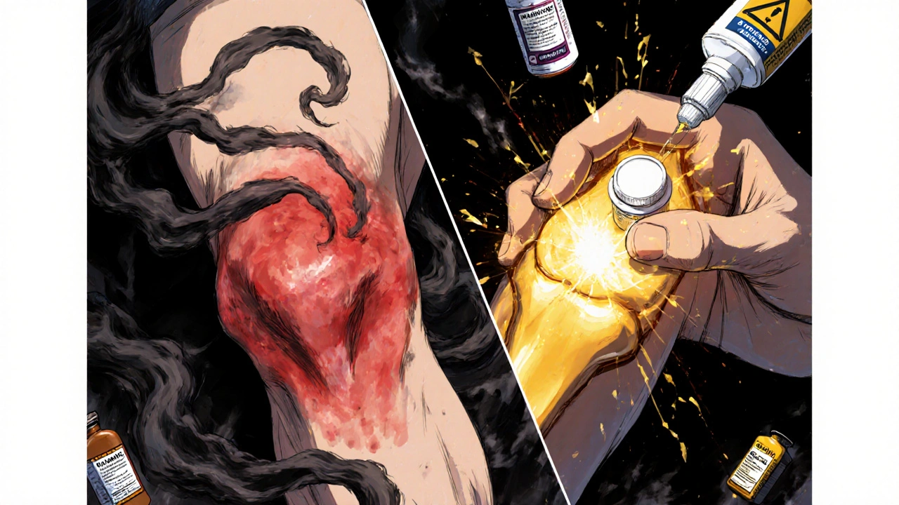 Split scene: inflamed knee vs. topical gel healing, floating pill labels dissolving into ash.