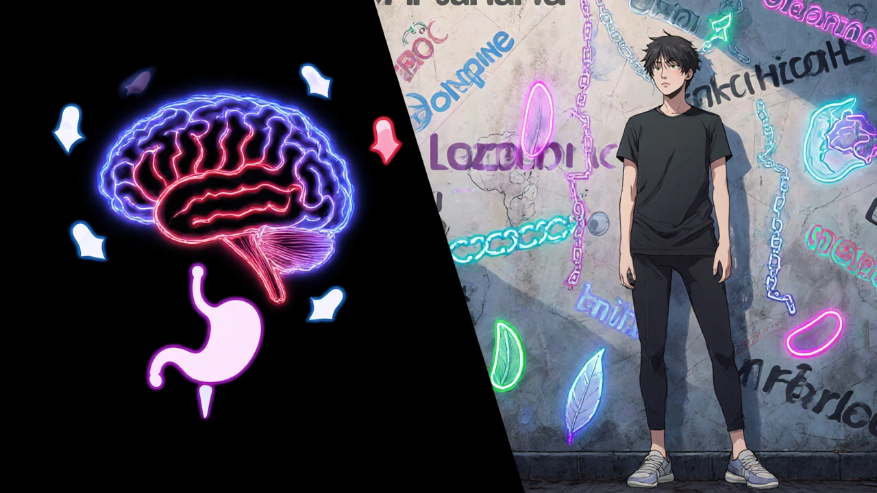 Split scene showing brain receptors causing appetite increase and medication icons linked to weight symbols.