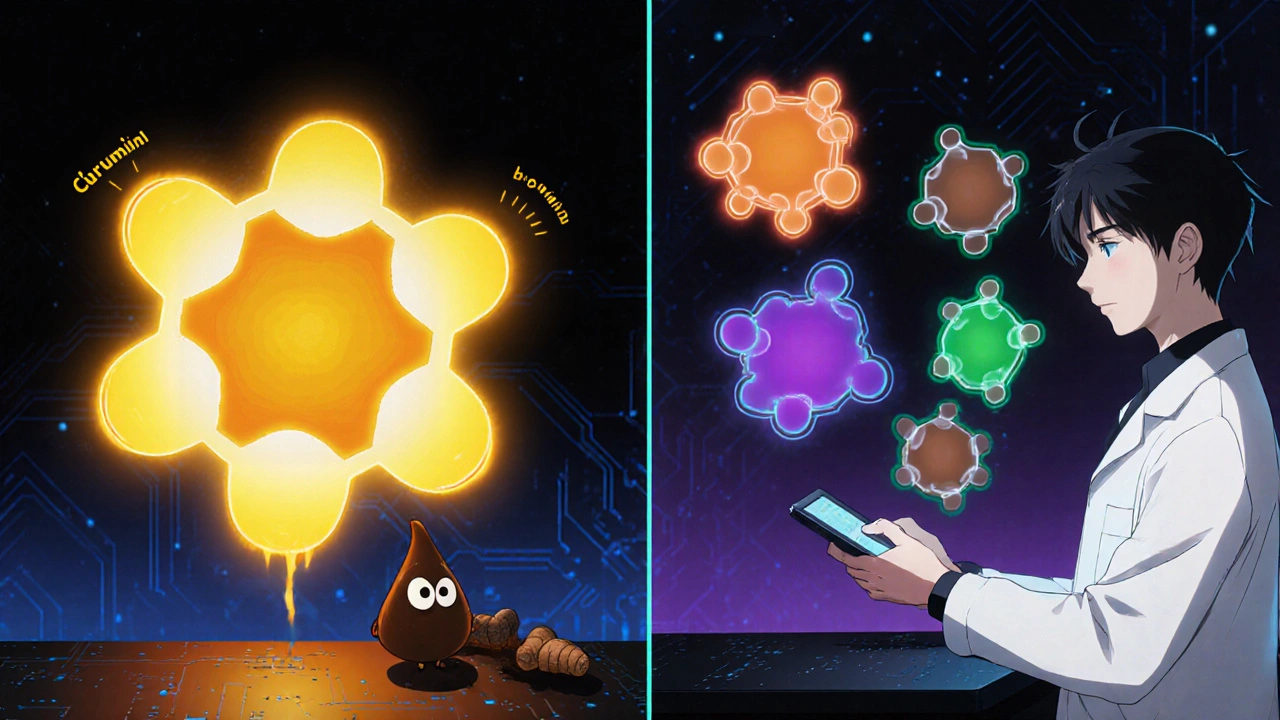 Split‑screen showing glowing molecular diagrams of curcumin, boswellic acid, gingerol, withanolide, nimbin, and cinnamaldehyde.