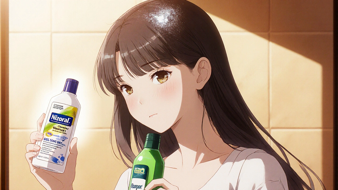 Teen girl checking her dandruff‑free scalp in a mirror, holding two shampoo bottles, anime style.