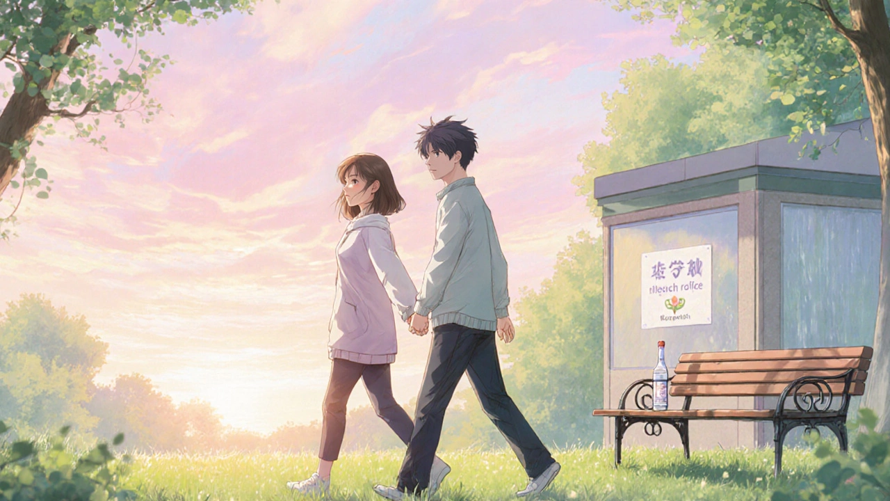 The couple walking together in a sunny park, smiling, with an empty bottle nearby.