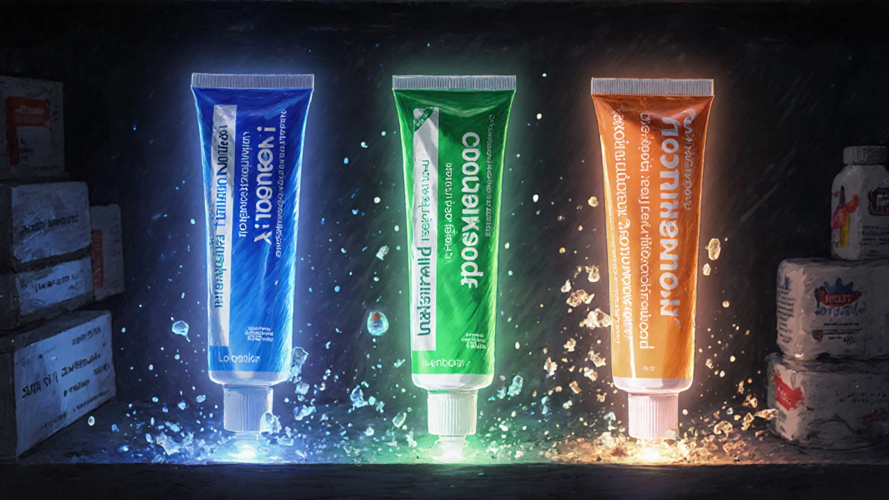 Three antifungal creams floating with colored auras, destroying fungal spores in a dim pharmacy shelf.