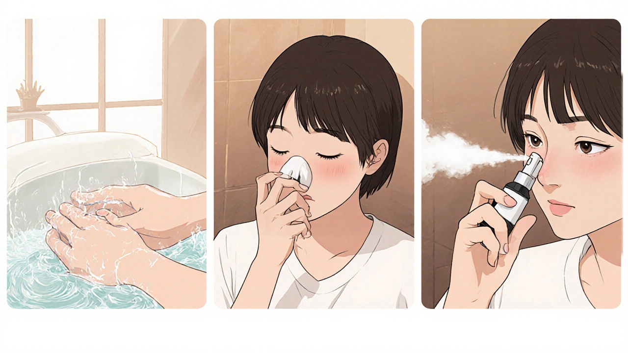 Three-step panel illustrating hand washing, nose blowing, and spraying desmopressin.