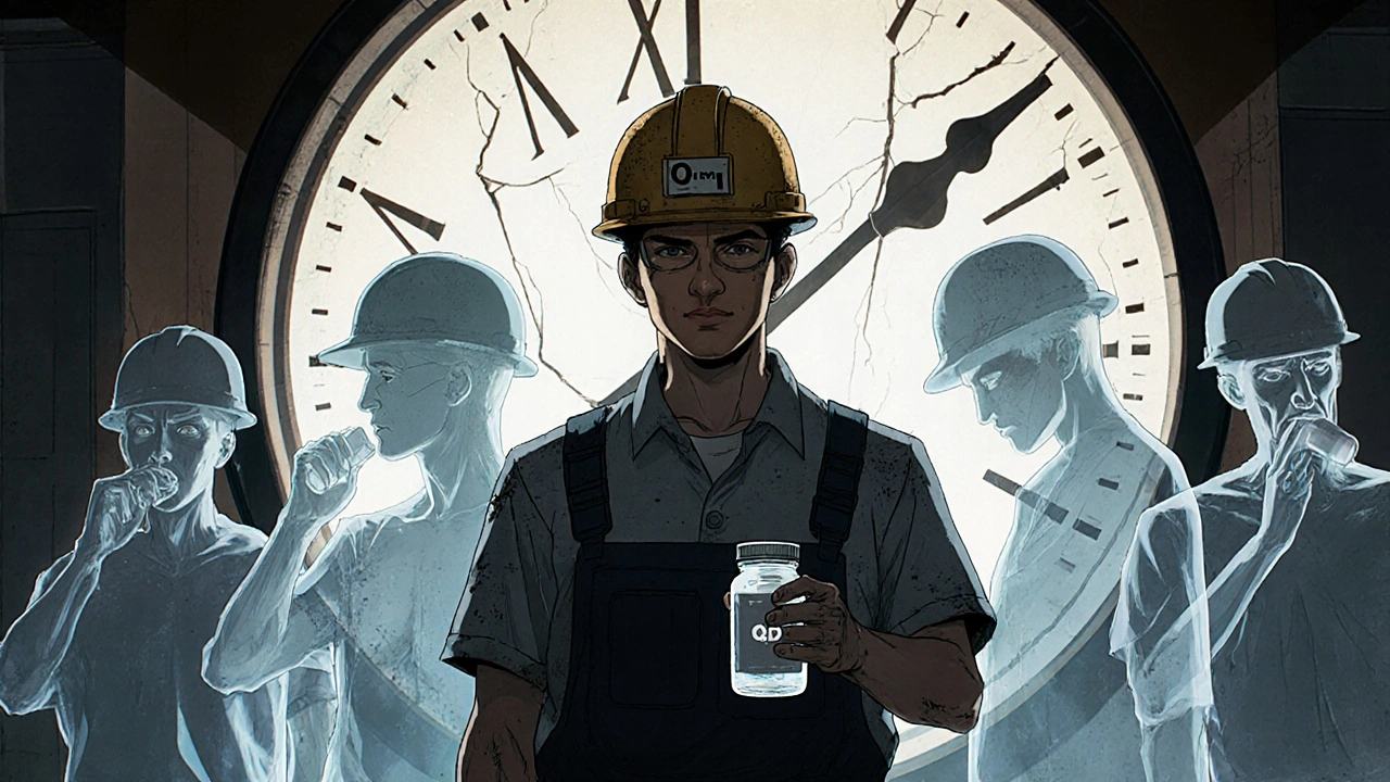 A drowsy man walking through a hospital hallway with ghostly duplicates of himself taking pills at different times, under a bleeding clock.