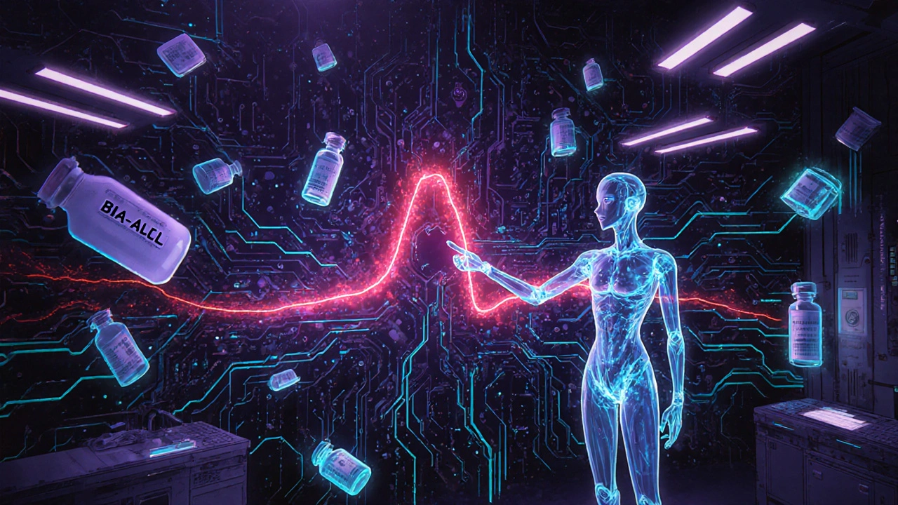 A futuristic FDA control room with glowing data streams and AI figures analyzing safety signals.