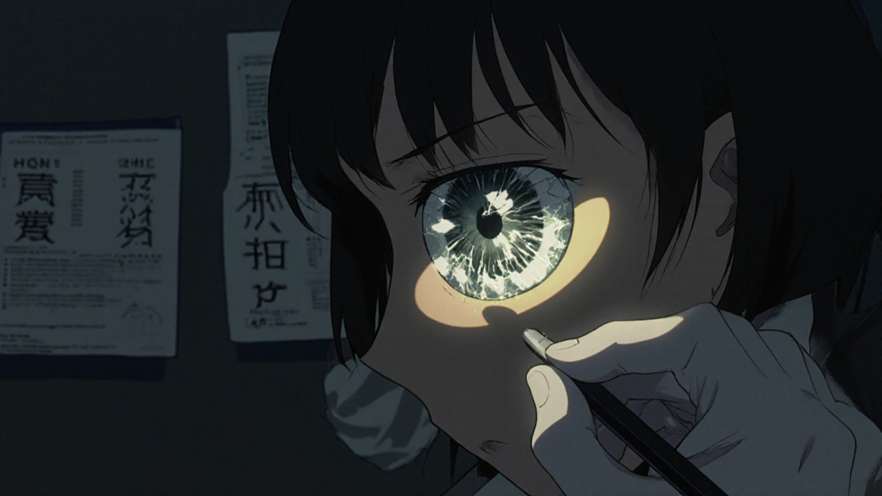 A magnified eye under a slit-lamp shows crystalline protein clumps clouding the lens during an exam.