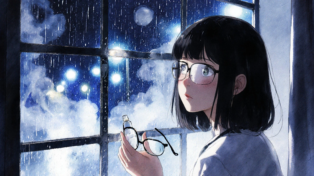 A patient sees sharp lights after cataract surgery, ghostly remnants of old cloudiness fading behind them.