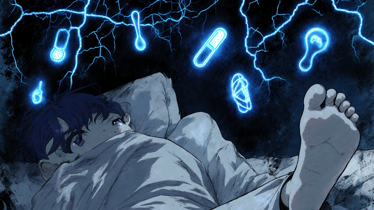 A person in bed with twisted limbs, glowing neural pathways flickering above them, symbols of medication and falls floating in the air.