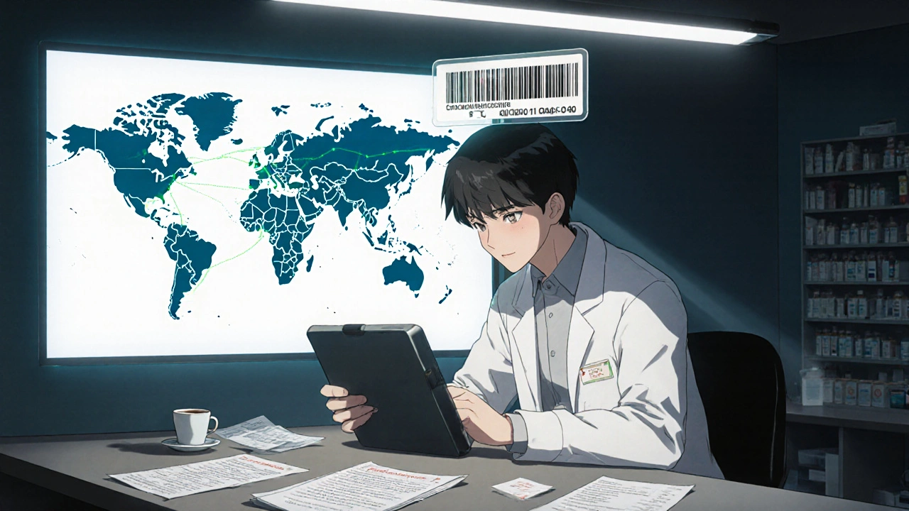 A pharmacist in Romania carefully reviews a foreign ePrescription on a tablet, surrounded by maps and medical labels.