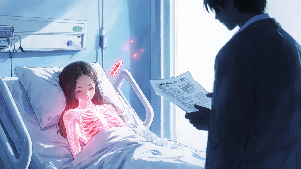 A translucent woman reveals dangerous genetic markers as a pill hovers above her.